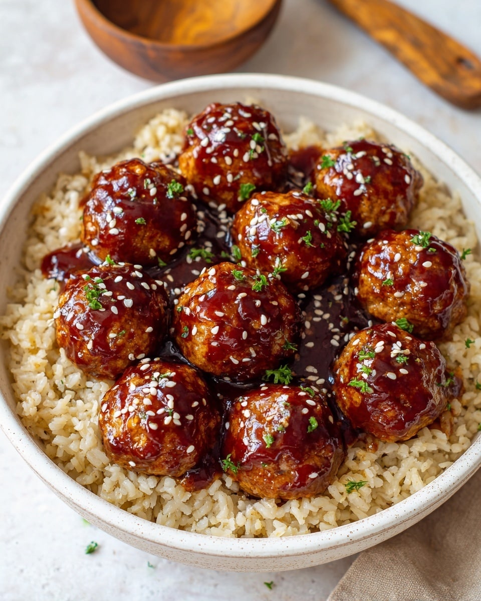 A white bowl filled with a layer of cooked rice at the bottom, light brown and slightly shiny, topped with twelve round golden-brown meatballs covered in a thick, glossy dark red glaze. The meatballs are sprinkled with small white sesame seeds and bits of green herbs across their surfaces. The bowl sits on a white marbled surface, and part of a wooden spoon and a blurred brown bowl are visible in the background. photo taken with an iphone --ar 4:5 --v 7