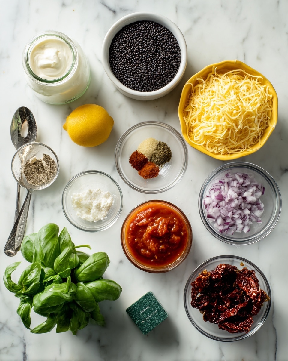 A collection of cooking ingredients is arranged neatly on a white marbled surface. There is a small jar of cream with a smooth white texture, a yellow bowl filled with black lentils, and a white bowl containing different dry spices including Italian seasoning, smoked paprika, and fennel seeds arranged in separate small piles. A clear glass bowl holds finely chopped purple onion pieces, next to a single whole bright yellow lemon. There is also a small clear dish containing minced garlic, a clear bowl with fresh green basil leaves, and another clear bowl filled with dark red sundried tomatoes. A small glass bowl with bright red tomato paste is placed near a measuring cup filled with light yellow shredded cheese, with a green and silver handle. A small green cube of broth seasoning completes the set up. All these elements sit on a smooth white marbled background. Photo taken with an iphone --ar 4:5 --v 7