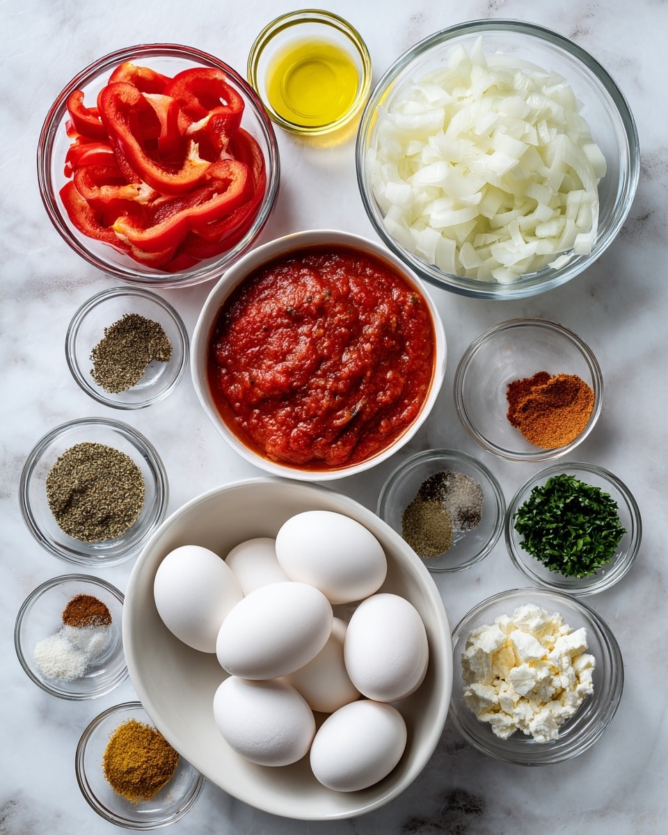 The image shows a top view of various small glass bowls arranged on a white marbled surface. There are fresh sliced red bell peppers in one bowl at the top left, finely chopped white onions in a bowl at the top center, and a bowl with thick chunky tomato sauce at the lower right. In the center, there is a white bowl filled with six whole white eggs. Scattered around these main bowls are smaller bowls containing different spices and ingredients, including ground black pepper, salt, turmeric powder, dried oregano, ground cumin, minced fresh parsley, minced garlic, crumbled cheese, a small bowl of olive oil, and chili powder. The arrangement is neat and all the bowls are clear glass except for the white bowl holding the eggs. photo taken with an iphone --ar 4:5 --v 7