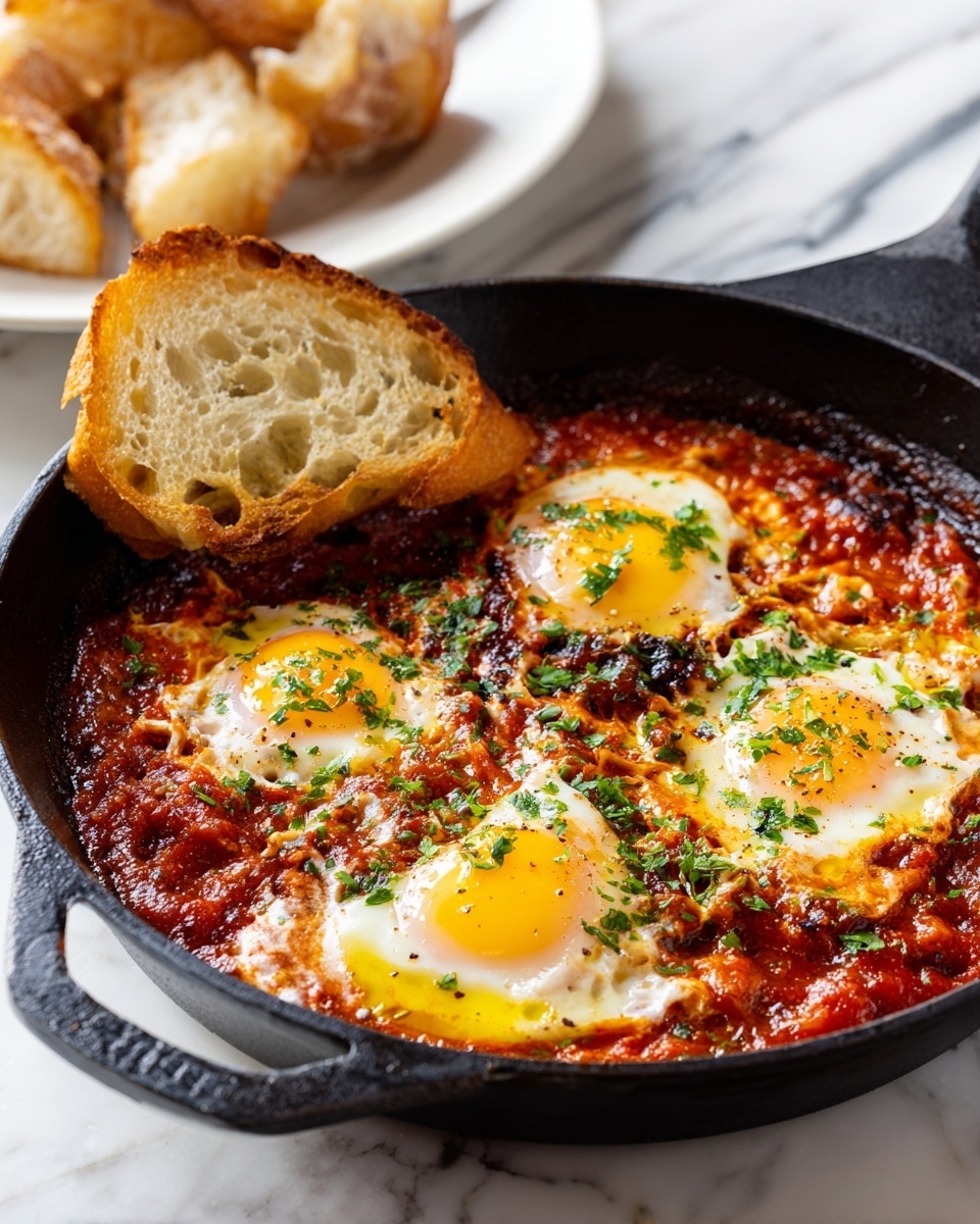 The image shows a black cast iron pan filled with three cooked eggs on top of a rich red tomato sauce. The eggs have bright yellow yolks and white cooked edges with some brown spots. Fresh green chopped herbs are sprinkled over the eggs and sauce. A slice of toasted white bread with an airy texture and some olive oil sits balanced on the edge of the pan. In the background, there is a white marbled surface and a white plate with some pieces of bread on it. The photo taken with an iphone --ar 4:5 --v 7