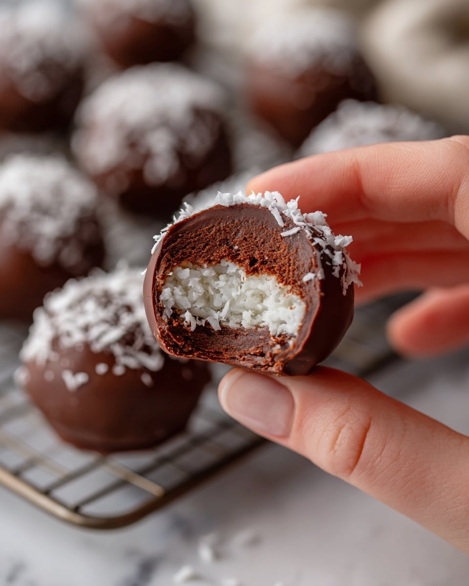 The image shows a close-up of a woman's hand holding a round chocolate truffle with a bite taken out, revealing three layers: the outer layer is a smooth dark brown chocolate shell, the middle layer is a thin, slightly cracked chocolate coating, and the inner layer is a soft, white, shredded coconut filling. In the background, there is a white marbled surface with a wire rack holding more round chocolate truffles, some dusted lightly with white coconut flakes. The focus is on the truffle being held, showing detailed textures of the chocolate and coconut filling photo taken with an iphone --ar 4:5 --v 7