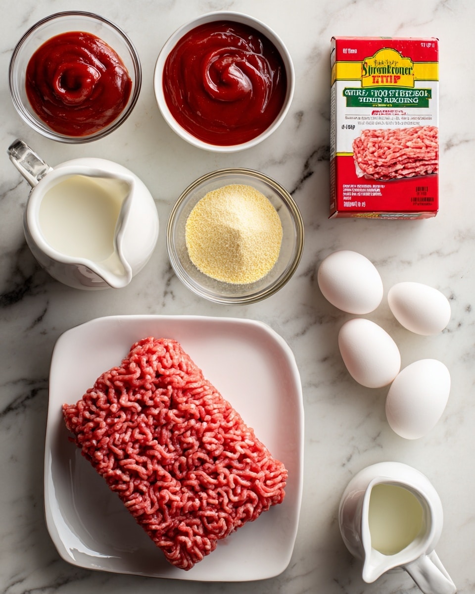 The image shows a flat lay of ingredients on a white marbled surface, arranged neatly with labels. At the center bottom, a white plate holds a large rectangular block of raw ground beef with visible texture and pinkish-red color. Above it to the left is a white small bowl filled with smooth, deep red ketchup. To the right of the ketchup bowl is a clear small glass bowl holding light yellow garlic powder. Two whole white eggs are placed to the right side of the garlic. Below the eggs and garlic, a bright red box of Stove Top stuffing mix with green and yellow text sits prominently. To the left of the box, a white creamer pitcher filled with white whole milk is placed, and below the box, another white creamer pitcher filled with clear water completes the arrangement. The photo taken with an iphone --ar 4:5 --v 7