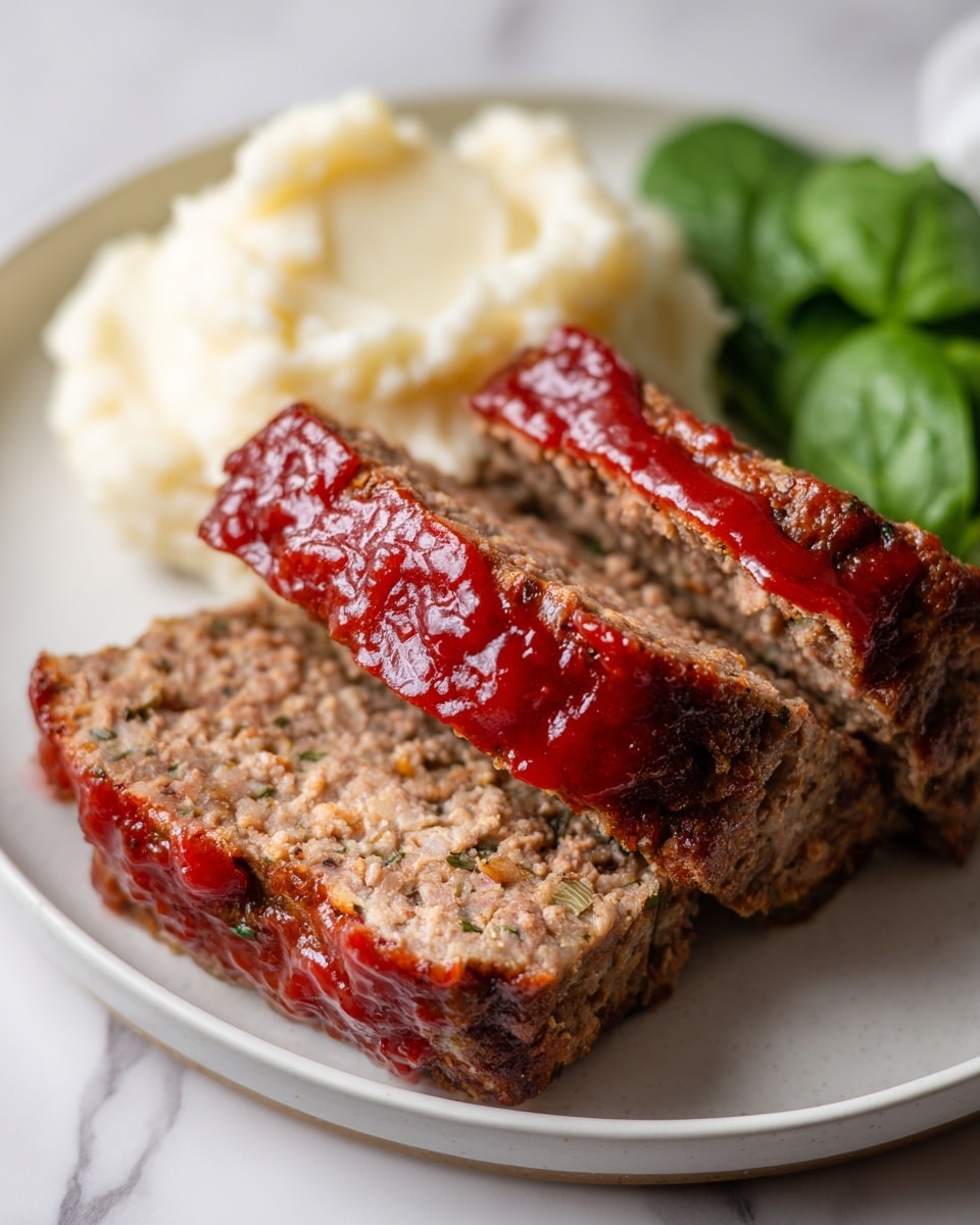 Two thick slices of brown, textured meatloaf with visible bits of seasoning and small pieces inside, topped with shiny red sauce spread in a line on the top of each slice, sit on a white plate. Behind the meatloaf slices is a small mound of smooth, creamy mashed potatoes, white in color with soft peaks. To the side of the plate, there are a few fresh, green spinach leaves adding a pop of color. The plate rests on a white marbled surface. photo taken with an iphone --ar 4:5 --v 7
