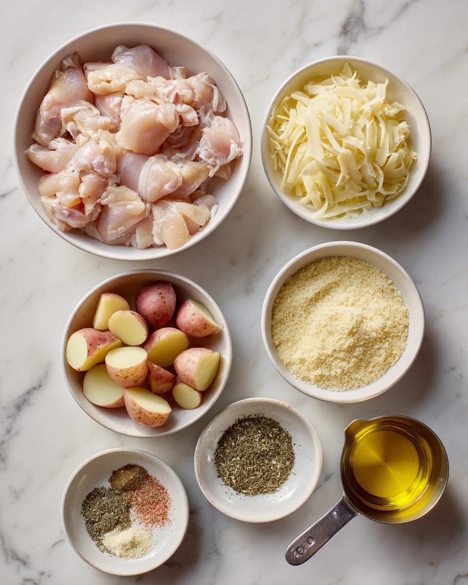 The image shows six white bowls on a white marbled surface, each with different ingredients. The largest bowl on the left side is filled with raw, light pink chicken pieces. On the top right, a bowl holds shredded pale yellow cheese. Below it, another bowl contains fine, powdery light yellow breadcrumbs. At the middle left, a bowl is filled with small red potatoes cut into quarters, showing their creamy inner flesh. Next to it, a bowl holds a mix of green dried herbs, black pepper, pink salt, and light brown garlic powder, all separated but close to each other. At the bottom right, a metal measuring cup contains golden yellow oil. Photo taken with an iphone --ar 4:5 --v 7