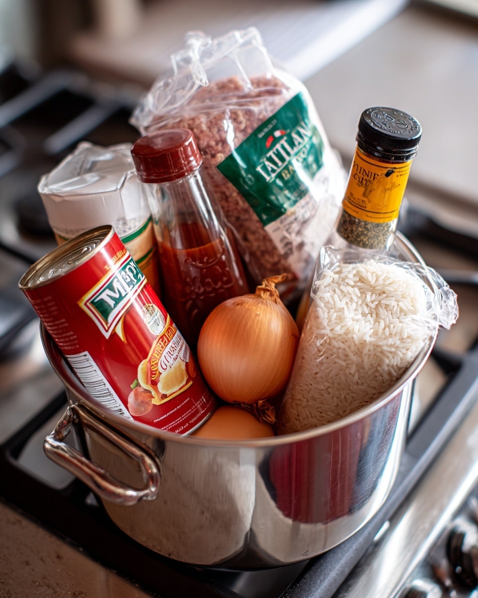 A stainless steel pot is filled with cooking ingredients arranged closely together. At the front is a red and white can of tomato sauce tilted slightly on its side. Behind it, a large light brown onion rests next to a single brown egg. Toward the back, a clear plastic package of ground meat with a green and white label is visible. A glass bottle of Worcestershire sauce with a black cap and yellow label stands upright inside the pot. Next to it is a tilted glass spice jar labeled