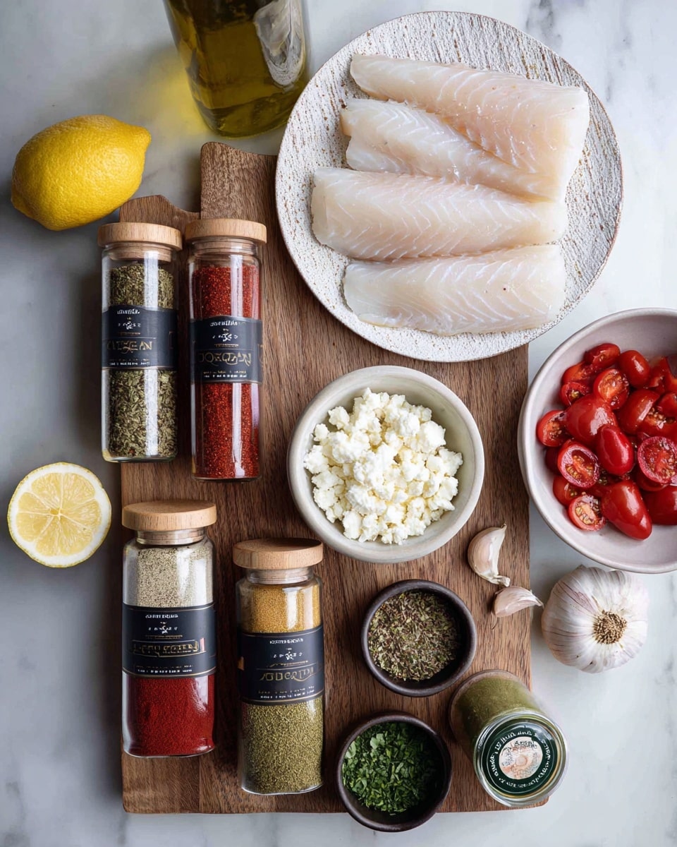 A wooden board sits on a white marbled surface, holding various raw ingredients. On the top right, a white textured plate holds five pale pink fish fillets layered slightly over each other. Below it, a small white bowl is filled with crumbly white cheese pieces. To the right, a deep white bowl contains halved cherry tomatoes showing bright red, smooth, and shiny insides. Near the bottom right corner, a small jar with a green label holds capers. On the left side of the board, four glass jars with wooden lids and black labels lined up in a square hold bright red paprika powder, green dried oregano, red chili flakes, and pale garlic granules. Nearby, a lemon, three garlic cloves, and a clear glass bowl with light brown honey are arranged around the jars. Small black bowls filled with green chopped herbs, white salt, and black pepper sit near the lower left corner. An olive oil bottle is placed at the top left corner. photo taken with an iphone --ar 4:5 --v 7