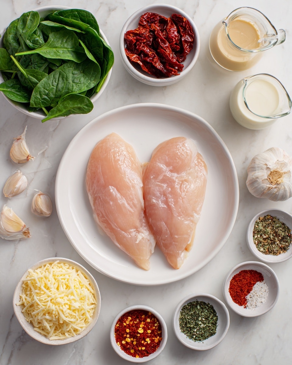 The image shows a clean white plate holding two raw chicken fillets, pale pink in color, placed side by side at the center. Around the plate are small white bowls filled with different ingredients: bright green fresh spinach leaves in one bowl at the back left, deep red sun-dried tomatoes in a bowl at the front left, and finely grated pale yellow cheese in a bowl below the chicken plate. To the right front, there is a white bowl divided into small sections with various spices, including red chili flakes, paprika, dried green herbs, salt, black pepper, and garlic powder. Four garlic cloves lie scattered on the white marbled surface near the bowls. Two clear glass jugs containing a creamy white liquid and a light brown liquid stand in the upper right corner. The whole setup is on a white marbled surface, clean and bright. Photo taken with an iphone --ar 4:5 --v 7
