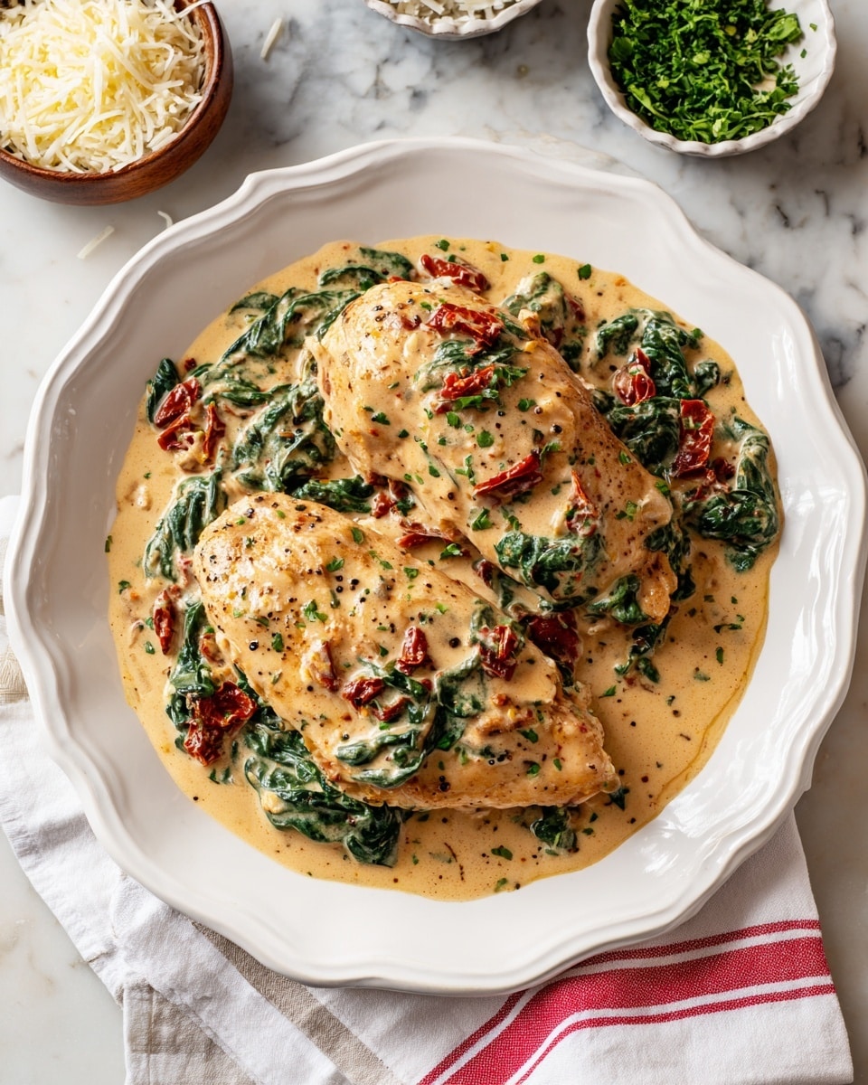 The dish shows two large pieces of light beige chicken covered in a creamy sauce with a smooth texture, scattered with pieces of wilted dark green spinach and small bits of red sun-dried tomatoes. The sauce is thick and light brown with specks of black pepper and herbs throughout. It is served on a white fluted plate with curved edges, placed on a white marbled surface. Around the plate, on the white marbled surface, there are small bowls with grated cheese and chopped green herbs, plus a white cloth with thin red stripes. Photo taken with an iphone --ar 4:5 --v 7