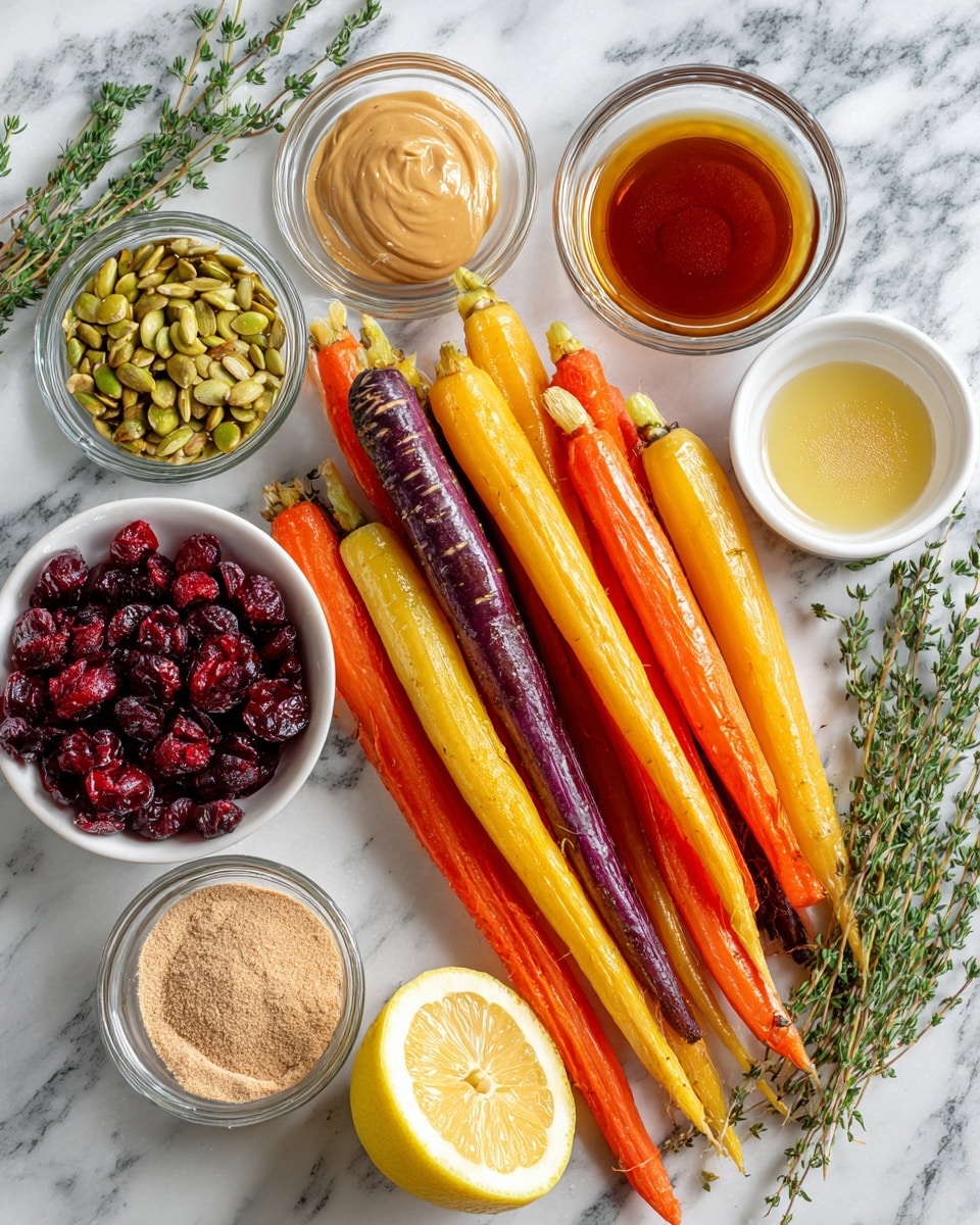 The image shows a group of colorful carrots in the center, with orange, purple, and yellow shades, laid out on a white marbled surface. Around the carrots are small clear bowls and small white bowls with different ingredients: light green roasted pepitas in a clear bowl on the left, thick beige tahini in a clear bowl at the top, bright red dried cranberries in a clear bowl at the bottom, a half lemon with bright yellow skin and juicy inside on the right, dark amber maple syrup in a white bowl, light brown garlic powder in a white bowl, light yellow apple cider vinegar in a white bowl, and fresh green thyme sprigs placed next to the lemon. All ingredients are neatly arranged and clearly visible, photo taken with an iphone --ar 4:5 --v 7