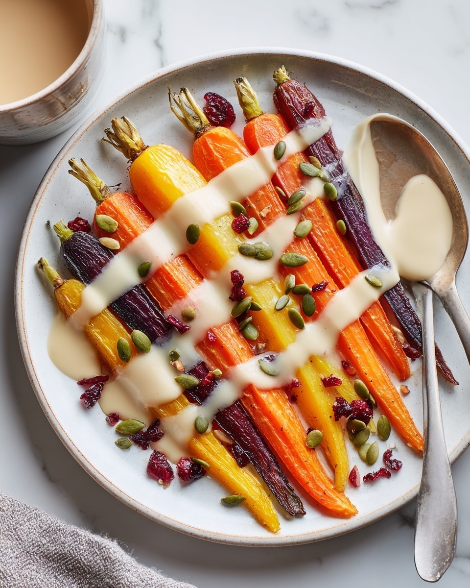 The image shows a white round plate with seven colorful roasted carrots arranged in a fan shape, ranging in colors from orange, yellow, to purple. A creamy light beige sauce is drizzled over the carrots in uneven stripes. Scattered on top are green pumpkin seeds and small red dried cranberry pieces, adding texture and color contrast. The plate sits on a white marbled surface, and part of a bowl with light-colored sauce is visible in the upper left corner. photo taken with an iphone --ar 4:5 --v 7