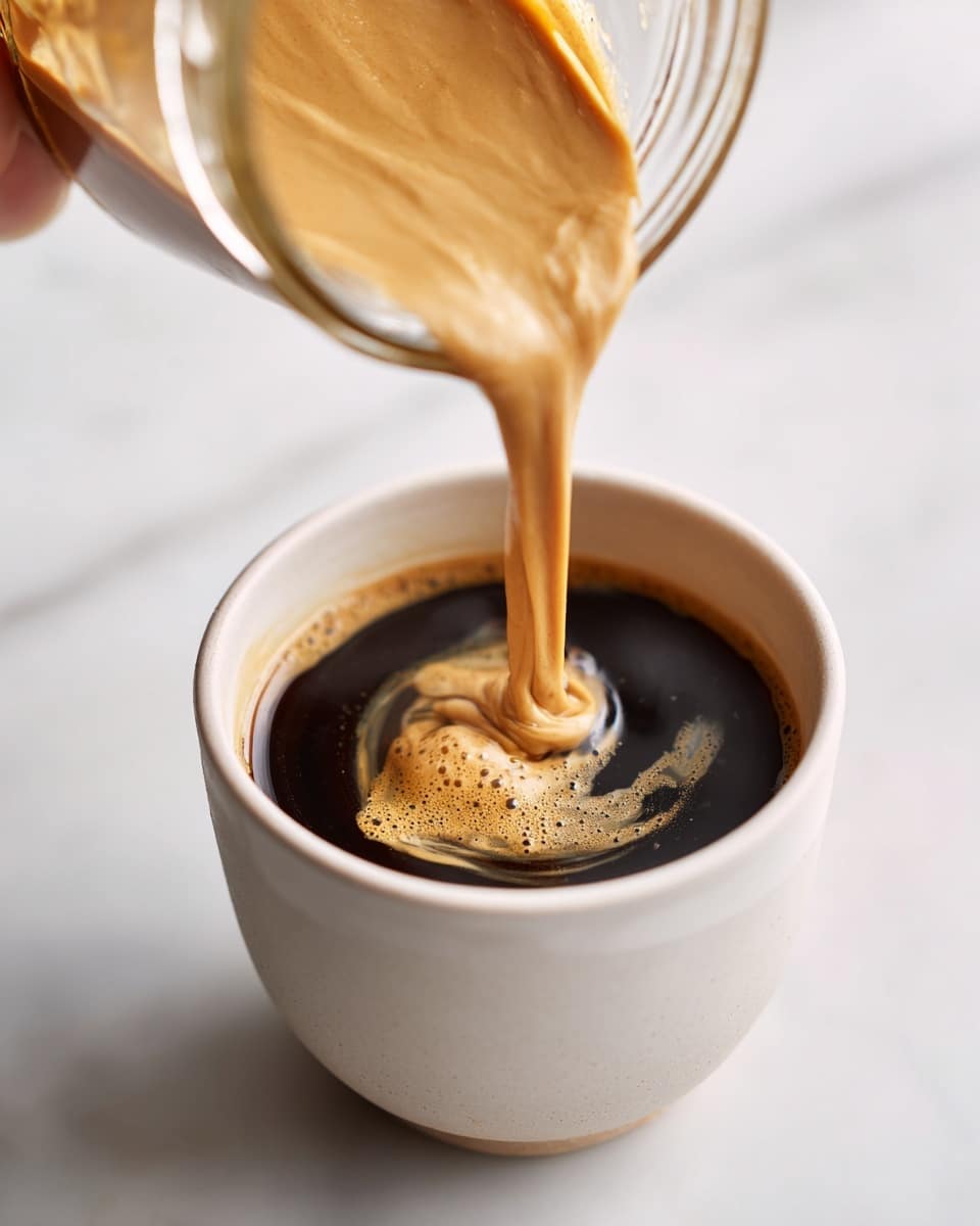 A close-up view shows a thick, light brown creamy liquid being poured from a glass jar into a white cup filled with dark black coffee. The creamy liquid flows in a smooth, continuous stream, creating swirling patterns as it mixes with the coffee below. The cup is on a white marbled surface, and a woman's hand holds the jar above, allowing the liquid to flow downward. The jar shows smooth texture inside with a glossy finish, and the coffee surface has small bubbles around the edges. Photo taken with an iphone --ar 4:5 --v 7