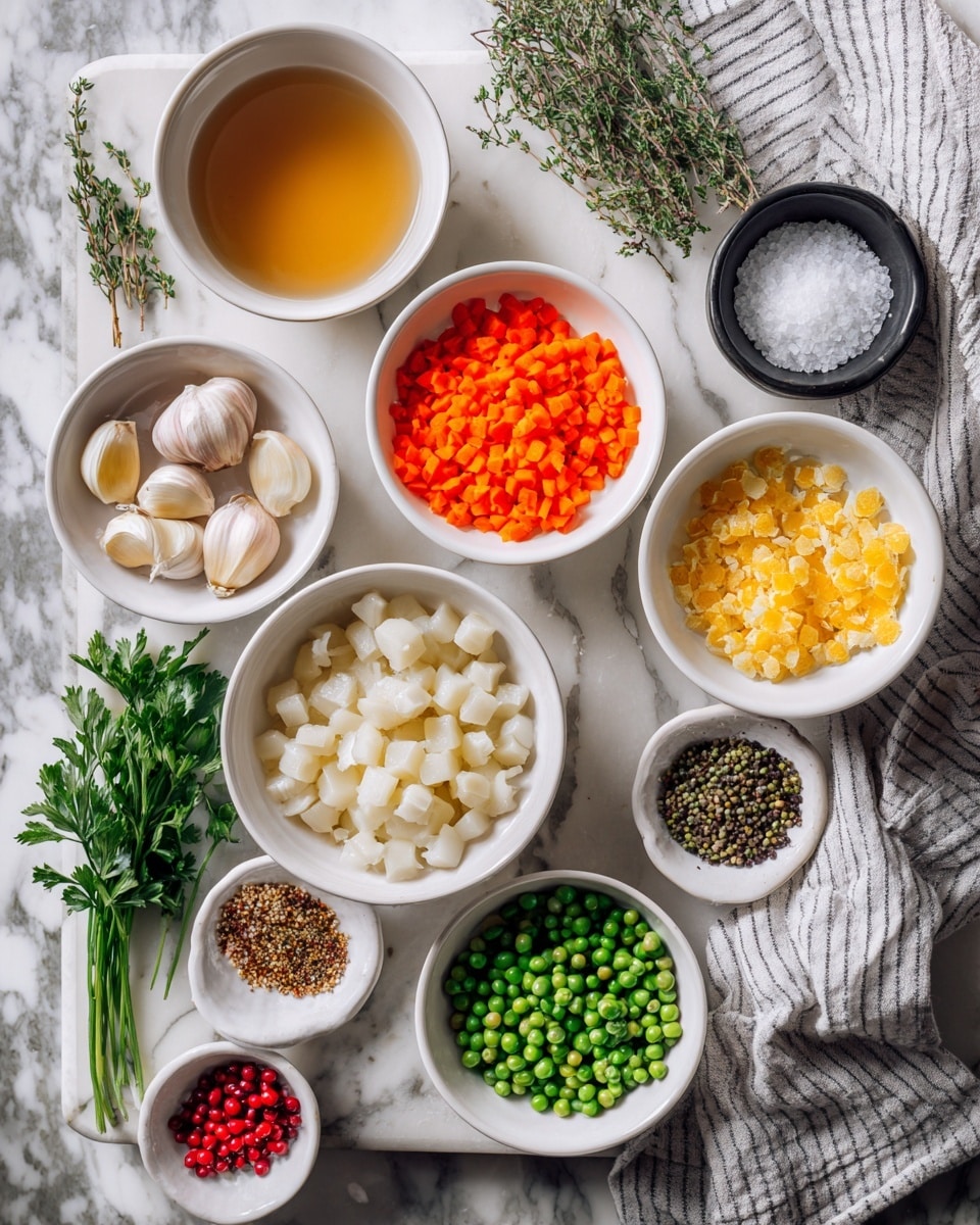 The image shows many white bowls on a white marbled surface, each filled with different ingredients, arranged neatly. Starting from the top left is a bowl with light brown liquid, next to it a small bowl with whole peeled garlic cloves, below that a bowl of bright orange chopped carrots, and to the right of the carrots a small bowl with yellow flakes. In the center, there is a large bowl filled with white diced pieces, and below it a bowl with a mix of small green vegetable pieces. To the right of this, a bowl holding chopped orange carrot pieces sits next to a gray and white striped cloth napkin with a small black bowl of coarse white salt on it. Above the salt bowl, there is a small white bowl filled with mixed peppercorns, and nearby another small bowl with green peas. At the lower left corner, a bowl contains small red seeds or berries, and below it another small bowl contains yellow flakes resembling seasoning. Fresh green herbs sit on a white marbled cutting board to the left side of the frame. photo taken with an iphone --ar 4:5 --v 7