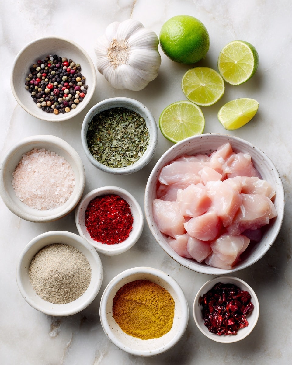 A top view of multiple small white bowls on a white marbled surface, arranged in a loose circle. The largest bowl near the bottom right contains pale pink raw chicken pieces with smooth texture. Surrounding it, there is a small white bowl with mixed black, white, and brown peppercorns, another one with light beige powder, a white bowl with reddish-brown small dried pieces, a white bowl with bright red powder, a light grey bowl with yellow powder, and a small white bowl with green herb mix. At the top are a peeled whole garlic bulb, a white bowl with coarse white salt, half a bright green lime, and two lime wedges placed together. Photo taken with an iphone --ar 4:5 --v 7