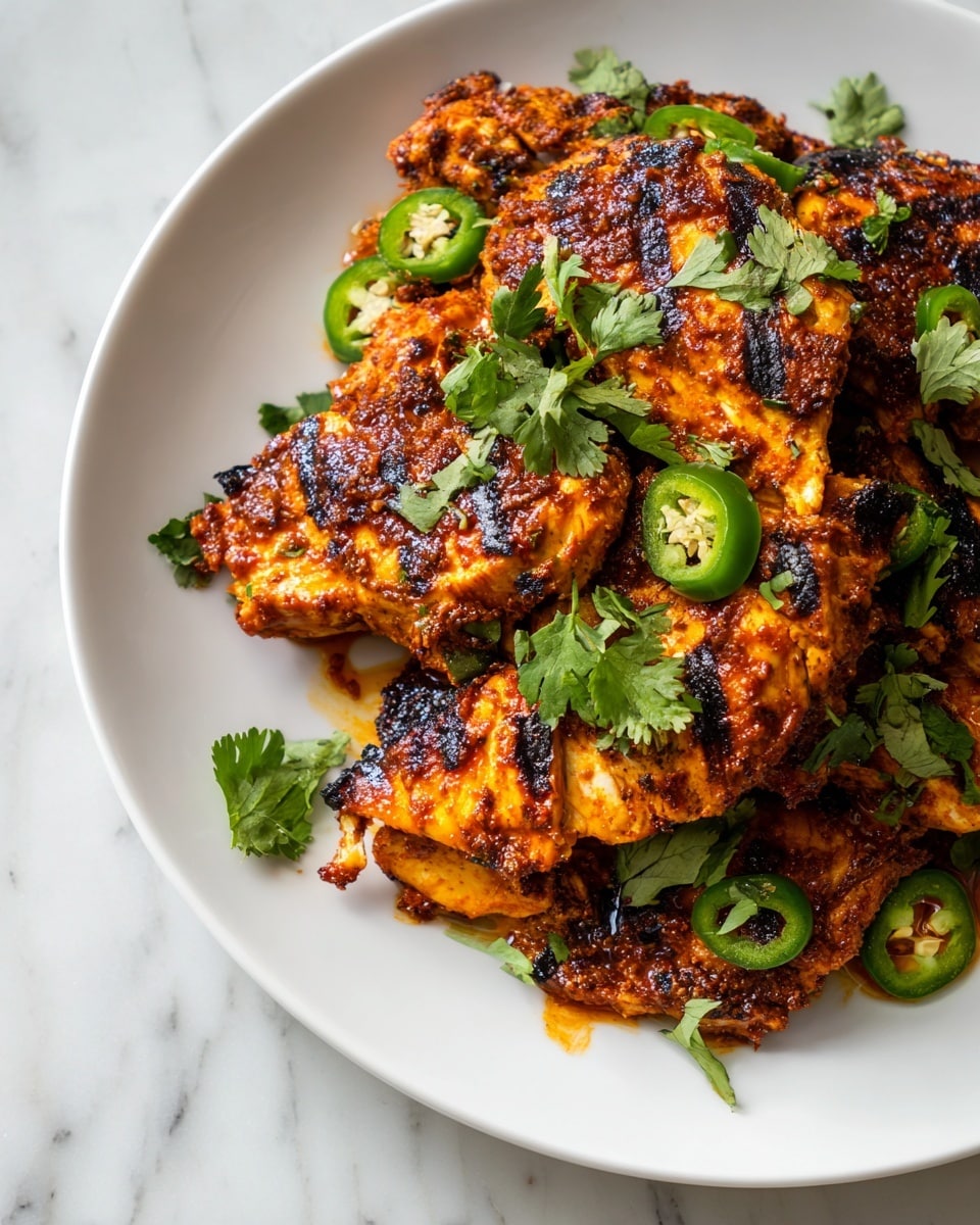 A white plate holds a pile of grilled chicken pieces with a rich, dark orange color and visible char marks, giving a slightly crisp texture. Scattered on top and around the chicken are small green jalapeño slices and fresh cilantro leaves, adding bright green accents to the warm tones of the chicken. The plate sits on a white marbled surface, highlighting the colors and details of the food. photo taken with an iphone --ar 4:5 --v 7