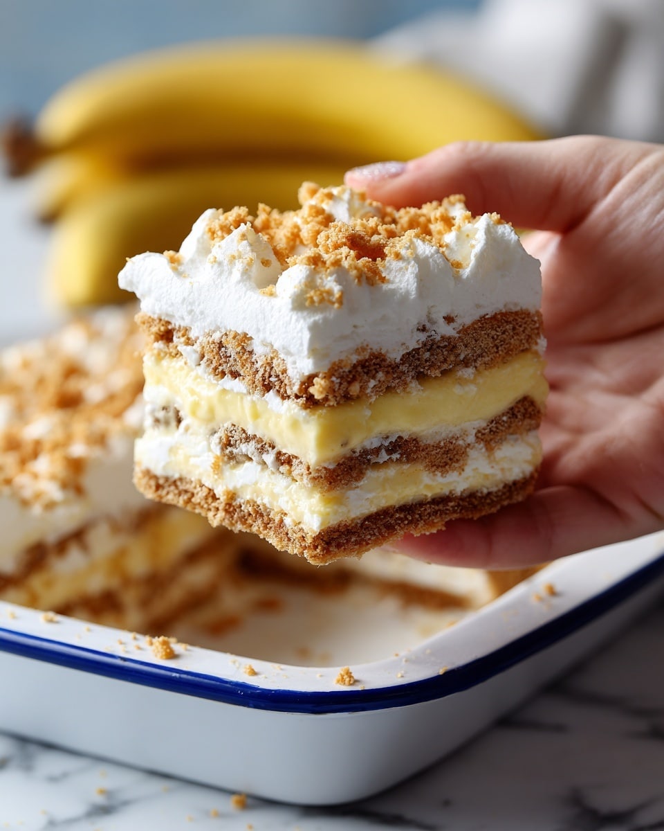 A close-up of a woman's hand holding a large square slice of layered dessert with five layers: four light brown crumbly cookie layers alternating with three pale yellow creamy layers, topped with a thick layer of white whipped cream sprinkled with golden cookie crumbs. The rest of the dessert sits in a deep white baking dish with a blue edge, all placed on a white marbled surface with a blurred yellow banana in the background. photo taken with an iphone --ar 4:5 --v 7