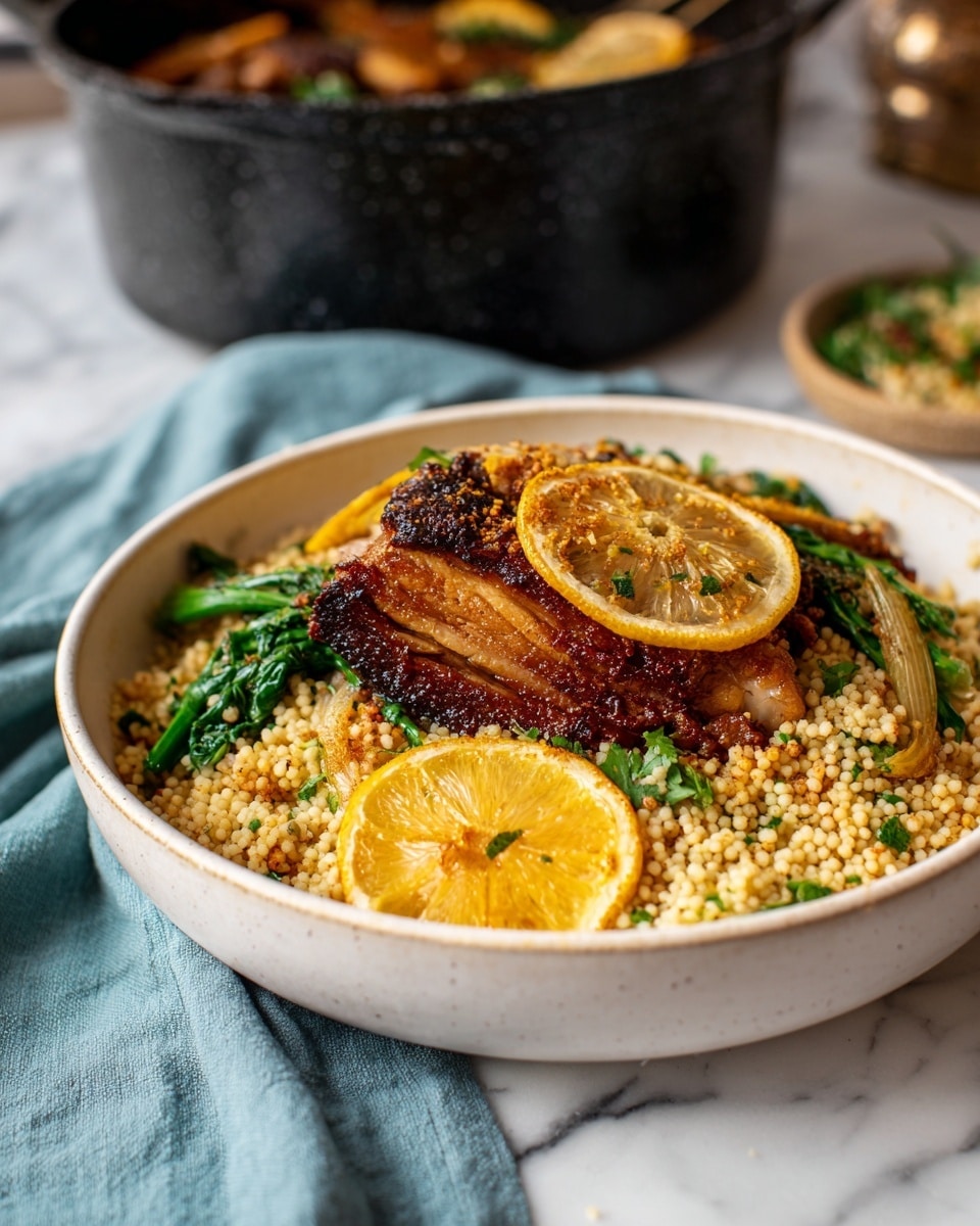 The image shows a white bowl with a base layer of small, round couscous grains in light beige with some yellow and green hints. On top, there is a single piece of dark golden brown roasted meat with crispy edges. Surrounding the meat are slices of cooked green vegetables and yellow lemon slices, with one lemon slice placed at the front edge of the meat. In the background, part of a black pot with more food and a light blue cloth are visible on a white marbled surface. Photo taken with an iphone --ar 4:5 --v 7