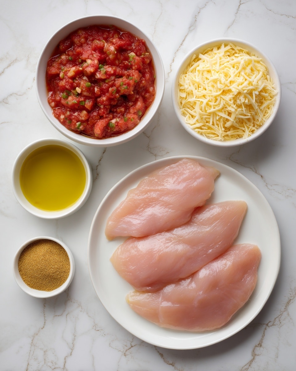 The image shows four raw light pink chicken slices laid flat on a white round plate at the center bottom. Above the plate, there is a white bowl filled with chunky bright red tomato sauce mixed with small green pieces on the left, and a smaller white bowl filled with shredded yellow and white cheese on the right. Below the plate, on the left side, there is a small white bowl filled with golden yellow oil, and on the right, a small white bowl holds a mound of fine brownish-yellow spice powder. All items sit on a white marbled surface with subtle gray veins and light cracks clearly visible. Photo taken with an iphone --ar 4:5 --v 7