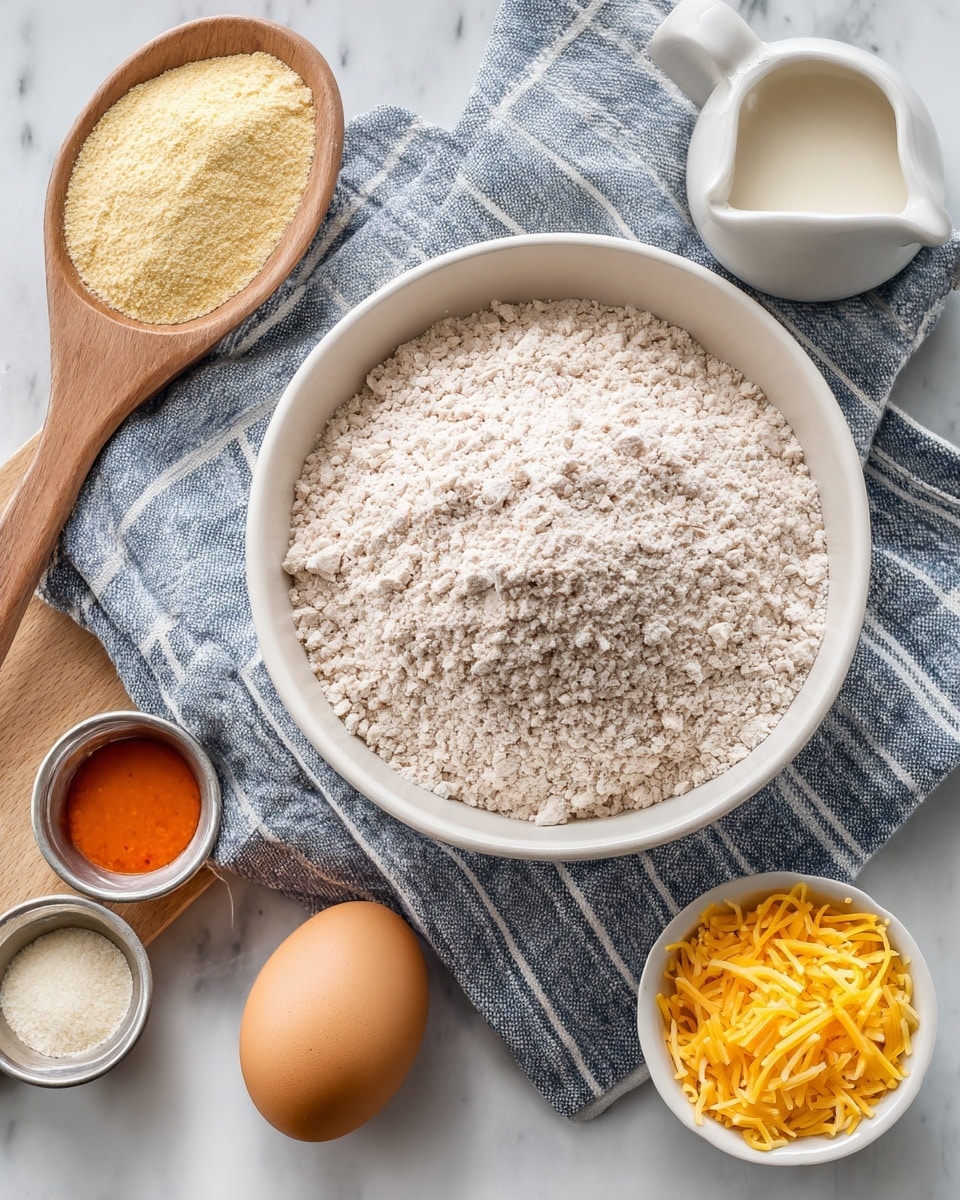A white bowl sits on a blue and white striped cloth over a white marbled surface, filled with a light pink pile of ground chicken as the main layer. Below the bowl, a single brown egg rests directly on the cloth. To the left, a wooden board holds a white 1/2 cup measuring cup filled with light beige almond flour and a small wooden spoon carrying white ranch seasoning powder, with a small silver dish of orange hot sauce nearby. On the right side, two small silver dishes hold yellow shredded cheese and white ranch dressing, placed on the cloth. The scene shows all ingredients neatly arranged for cooking photo taken with an iphone --ar 4:5 --v 7
