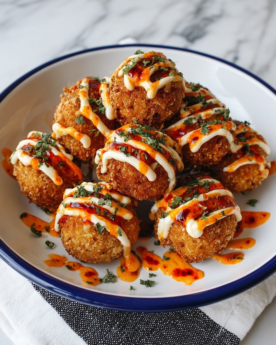 A white bowl with a blue rim holds nine round, golden-brown fried balls arranged in a small pile. Each ball is topped with two zigzag sauces; one is creamy white and the other is bright orange-red, both drizzled evenly across the surface. Small pieces of fresh green herbs are scattered over the balls, adding a pop of green color. The bowl sits on a white marbled surface with a black and white striped cloth partially visible underneath one side. Photo taken with an iphone --ar 4:5 --v 7