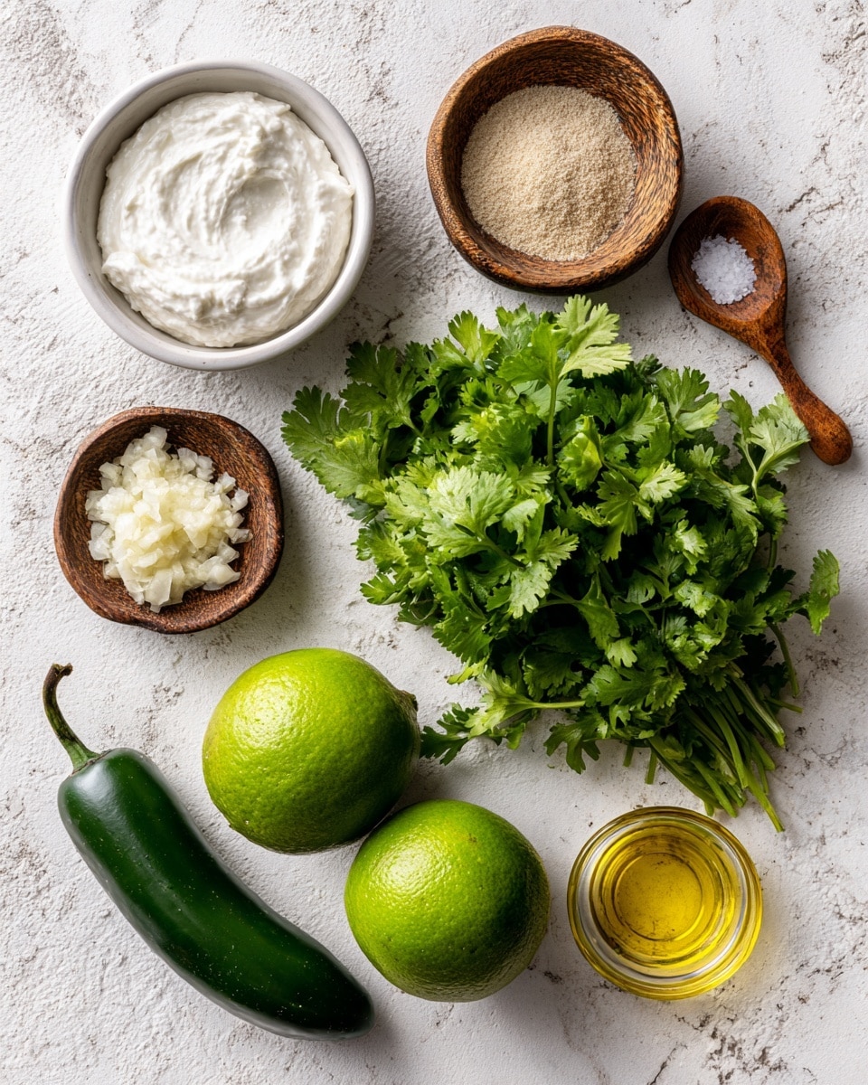 A collection of fresh ingredients laid out on a white marbled surface, including a small white bowl filled with creamy white sour cream at the top left, a tiny wooden bowl with light beige onion powder above the center, and a wooden bowl holding coarse salt with a small wooden spoon at the top right. Below these spice bowls is a large bunch of bright green cilantro with textured leafy tops, positioned in the center. Surrounding the cilantro are two ripe, shiny green limes on the lower left, a single dark green jalapeno pepper just right of the limes, and a small wooden bowl filled with minced garlic near the lower left corner. Finally, a small glass container of golden oil is at the lower right. photo taken with an iphone --ar 4:5 --v 7