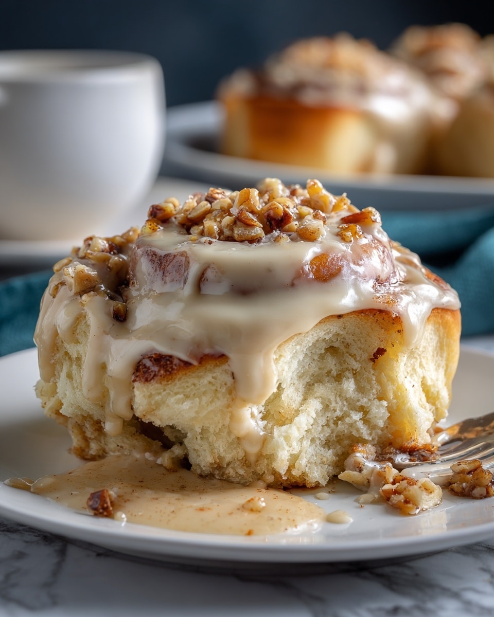 A close-up of one cinnamon roll with its outer layer pulled apart showing a soft, light yellow, fluffy inside, covered in a thick creamy beige icing with bits of chopped nuts or apple on top; the roll is sitting on a white plate with some cinnamon sauce pooling around the base and blurred pieces of more cinnamon rolls in the background, all set on a white marbled texture with a dark backdrop, photo taken with an iphone --ar 4:5 --v 7