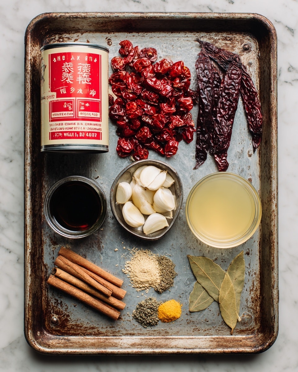 The image shows an old metal tray with various cooking ingredients arranged neatly on it. In the top center, there is a can of fire-roasted diced tomatoes with a red and white label. To the left of the can, there are deep red dried chilies placed in a loose pile. To the right of the can, there are darker dried chilies with a wrinkled texture. In the bottom left, a round black jar of roasted beef bouillon sits next to two brown cinnamon sticks. There are small piles of salt, black pepper, ground mustard, ground ginger, and dried herbs spread around the tray. Near the bottom center, a small metal bowl holds peeled garlic cloves, and to the bottom right, there are a couple of dry bay leaves. In the middle right area, a glass bowl contains a light yellow liquid. The tray has a worn and textured look, and the whole setup is on a white marbled surface. Photo taken with an iphone --ar 4:5 --v 7