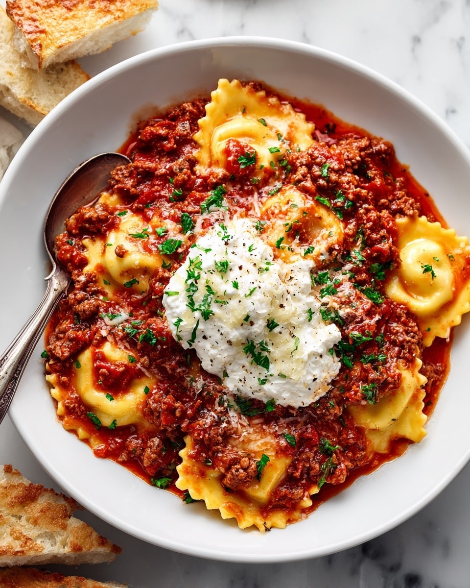 In a white bowl on a white marbled surface, there is a thick soup with multiple layers. The base layer is a rich red tomato broth with bits of ground meat mixed in, giving it a textured appearance. Floating on top are several pieces of soft ravioli pasta with ruffled edges in a light yellow color. In the center, there is a small mound of white ricotta cheese topped with a sprinkle of shredded mozzarella and tiny green parsley leaves scattered over the soup. A silver spoon rests inside the bowl on the left side, with some of the soup coating the spoon. To the left of the bowl, pieces of flat, pale yellow bread are visible. photo taken with an iphone --ar 4:5 --v 7