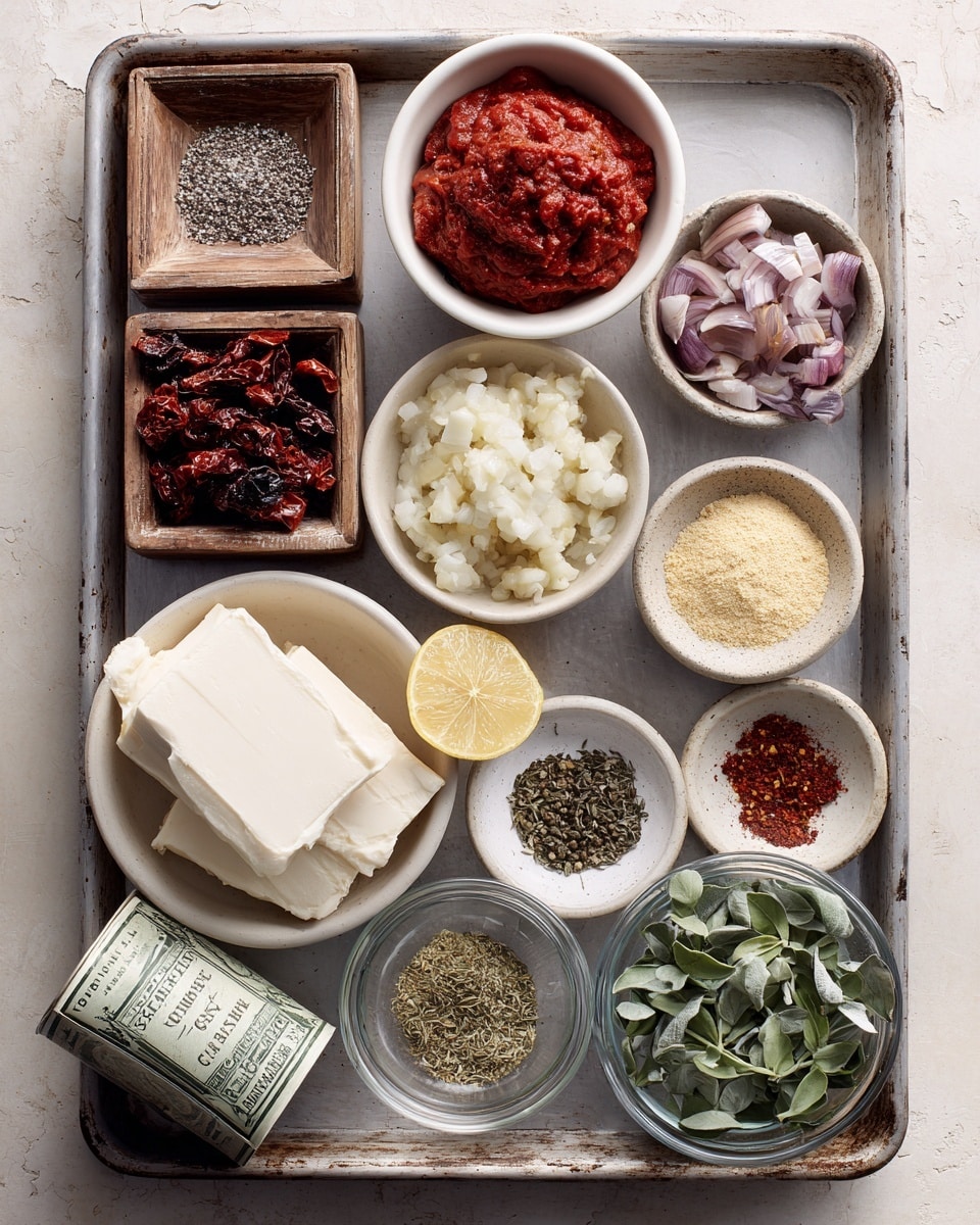 A metallic baking tray holds an assortment of small white bowls and clear glass bowls with various ingredients arranged neatly. In the top left corner, a small square wooden bowl holds salt and pepper with a rough texture. Next to it, a white bowl contains bright red tomato paste with a thick consistency. Moving right, a clear glass bowl is filled with chopped light purple shallots. Below, another clear glass bowl holds dark red sun-dried tomatoes with a moist look. Near the bottom left, a speckled small white bowl contains minced pale yellow garlic. In the center, a white bowl has two thick slices of pale vegan butter. Below, a speckled bowl has light yellow nutritional yeast in powder form. To its right, a white bowl shows three piles of dried oregano, dried thyme, and red chili flakes in small amounts. A half lemon with bright yellow flesh is positioned near the middle bottom. A white bowl filled with solid white coconut cream sits below it. On the right side, a clear glass bowl contains freshly chopped green basil leaves. A can of butter beans with a green and beige label is placed in the bottom left corner of the tray. Photo taken with an iphone --ar 4:5 --v 7