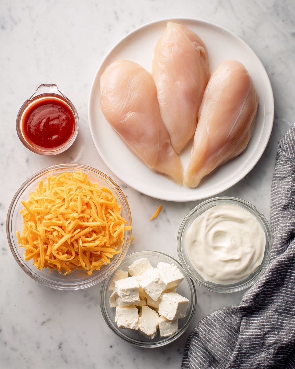 The image shows five ingredients on a white marbled surface, arranged neatly. At the top center, three raw chicken breasts with a light pink color lay on a white plate. Below them to the left, there is a small clear glass bowl filled with shredded bright orange cheddar cheese, with a few cheese pieces scattered nearby. To the right of the cheese, a clear glass bowl holds smooth, white ranch dressing. Below the ranch dressing, another clear glass bowl contains white cream cheese cut into chunks. To the left of the cream cheese, there is a small clear glass measuring cup filled with bright red hot sauce. A gray and white striped cloth is visible on the right side of the surface. photo taken with an iphone --ar 4:5 --v 7