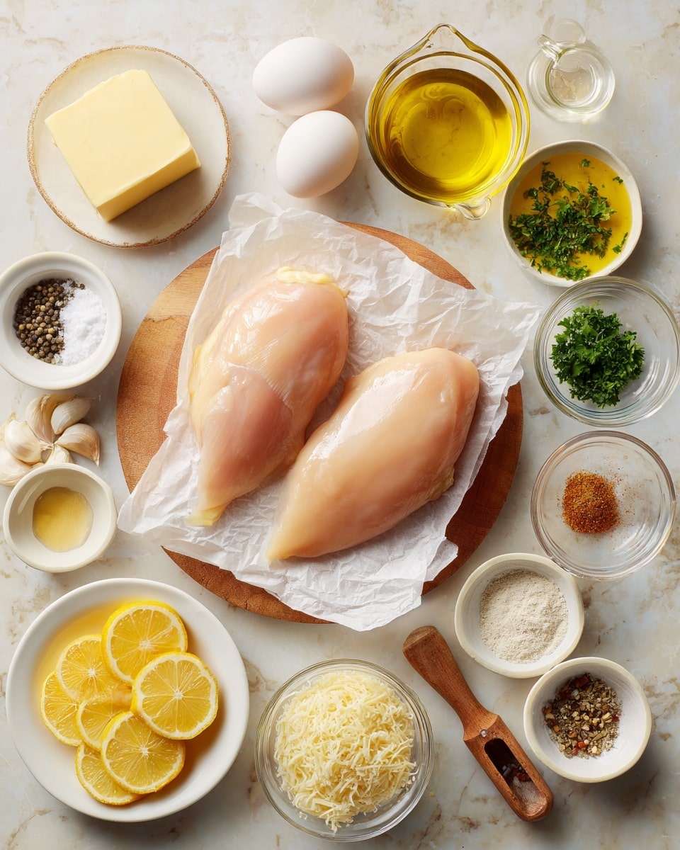 Two raw chicken breasts with a pale pink color rest on crinkled white parchment paper on a light brown wooden board in the center. Surrounding the board on a white marbled surface are small white bowls and clear glass bowls holding ingredients: top left has a square block of pale yellow butter on a white dish, next to it is a glass bowl with golden olive oil, a white bowl filled with chopped dark green parsley, and a small white pitcher with light yellow lemon juice. Below, a white plate holds five round, bright yellow lemon slices. On the left side are small containers with coarse white salt, black pepper with a wooden scoop, two white eggs in a small wooden bowl, and a metal measuring cup with white all-purpose flour. Below the chicken, a transparent bowl contains grated pale yellow Parmesan cheese, and beside it is a small white pitcher with golden chicken broth. On the right side are small white dishes filled with dried Italian seasoning (greenish herbs), smoked paprika (reddish powder), and light brown garlic powder. A small glass bowl of minced garlic, beige in color, is near the butter. Everything is neatly arranged and well lit. Photo taken with an iphone --ar 4:5 --v 7