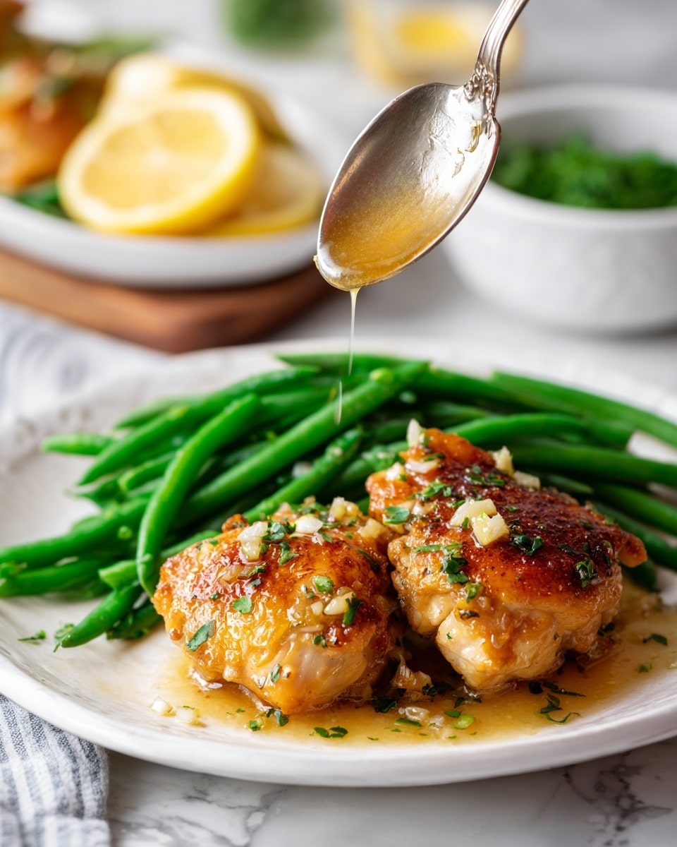 A white plate holds two golden-brown cooked chicken pieces on the right side with a slightly crispy texture, sprinkled with small bits of garlic and tiny green herbs. Behind the chicken, bright green cooked green beans rest in a neat pile. A silver spoon is above the plate, dripping a warm butter sauce over the chicken, the sauce shiny and smooth with small garlic pieces. In the background, there are blurred white dishes containing lemon slices, finely chopped green herbs, and more chicken visible on a white marbled surface. photo taken with an iphone --ar 4:5 --v 7