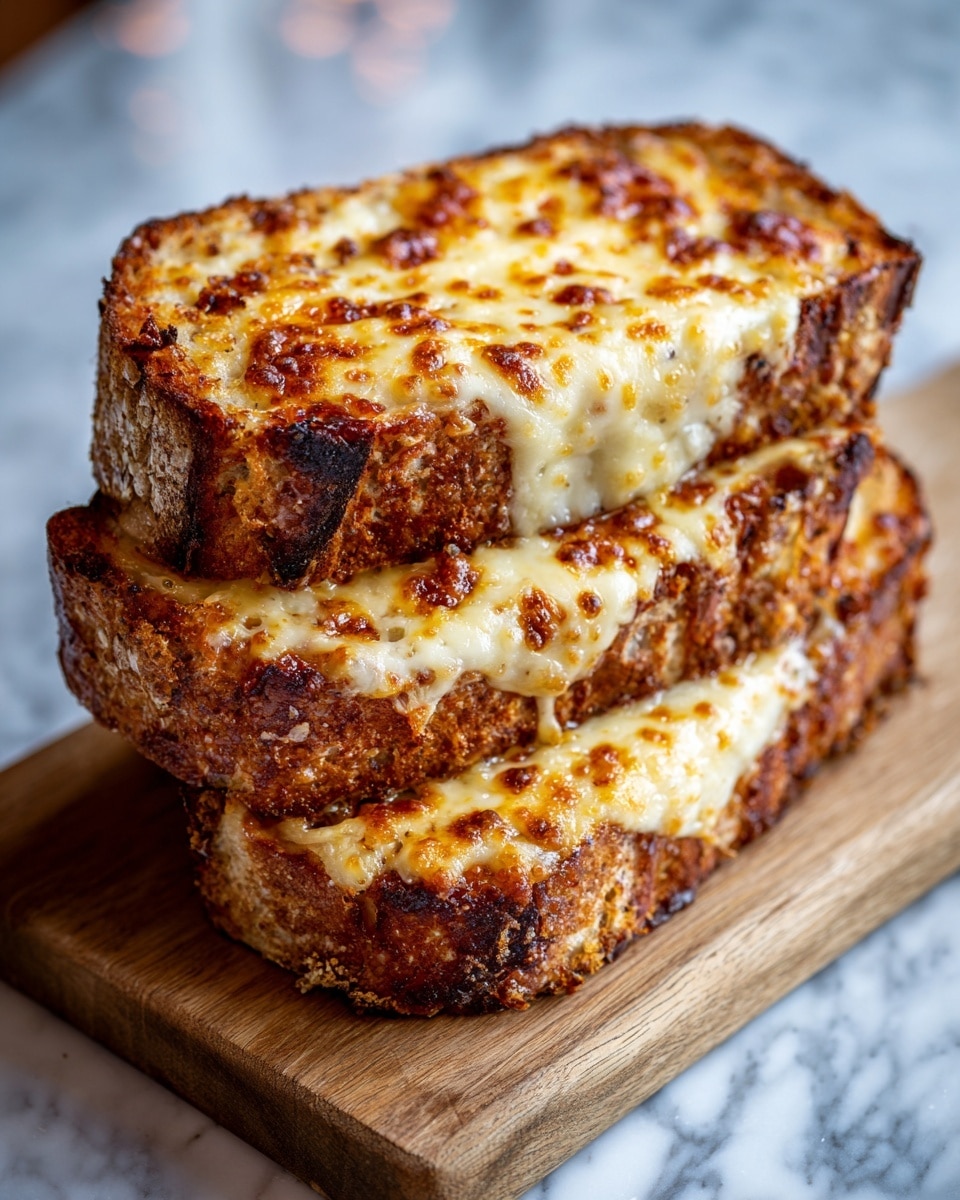 Three thick slices of toasted bread are stacked on top of each other on a wooden board, each slice topped with a golden brown layer of melted cheese mixed with small bits of cooked meat. The bread has a rough, crunchy crust and a soft inside, visible from the edges. The cheese topping looks bubbly and slightly browned in some spots, giving a crispy texture. The background is softly blurred with a white marbled texture beneath the board. photo taken with an iphone --ar 4:5 --v 7