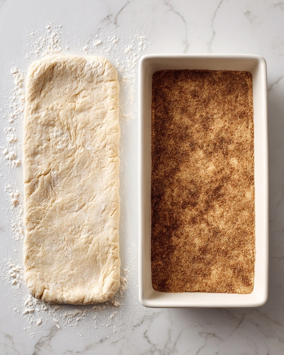 The first image shows a rectangular piece of dough with a rough, uneven surface placed on a white marble textured surface dusted lightly with flour. The dough is pale beige and slightly bumpy, stretching thin and irregular in shape. The second image shows a white rectangular baking dish filled evenly with a brown layer of cinnamon sugar, creating a fine, grainy texture that looks soft and crumbly on top. Both images capture the early preparation stages of the dish with a clean setting photo taken with an iphone --ar 4:5 --v 7