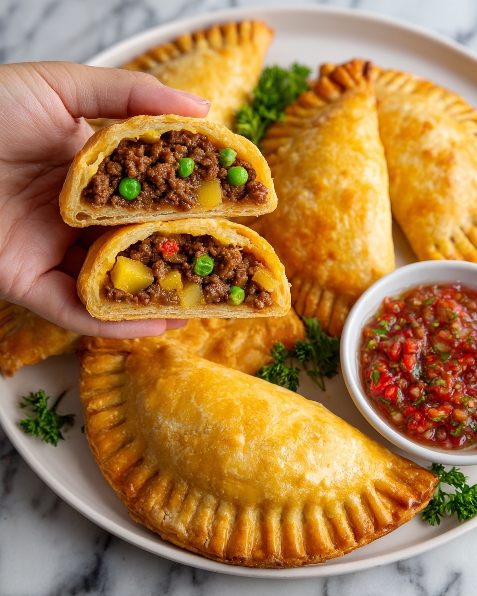 A woman's hand holds an empanada cut in half, showing layers inside with brown cooked meat, green peas, small red pepper pieces, and light yellow potato chunks. The empanada crust is golden and shiny with a baked texture, folded in a half-moon shape with a crimped edge. Below, more whole empanadas with the same golden brown crust lie on a white plate garnished with green parsley leaves. To the right, a small white bowl holds chunky red salsa with visible bits of chili and seeds. The background and surface have a white marbled texture. Photo taken with an iphone --ar 4:5 --v 7