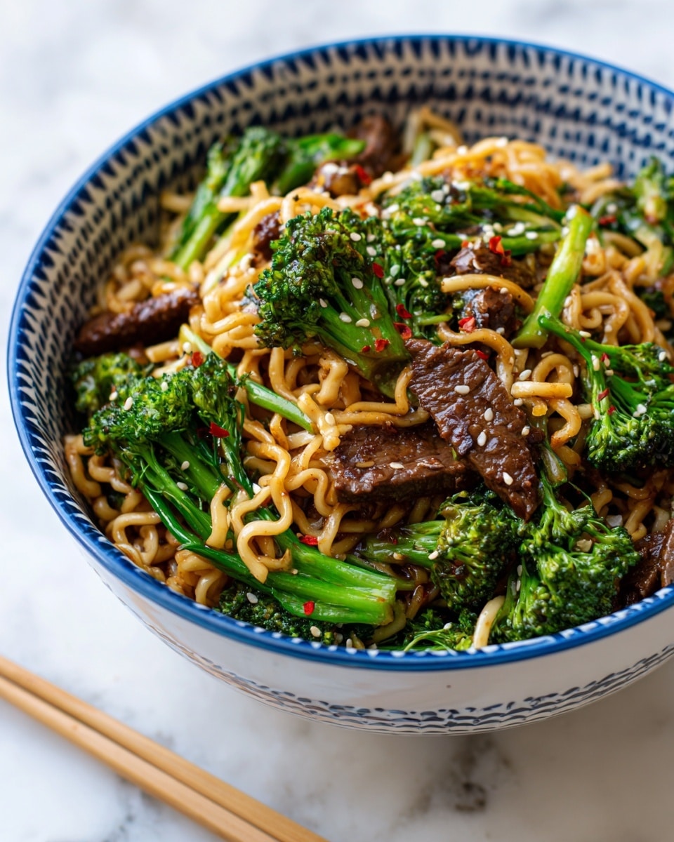 A white bowl with blue zigzag patterns on the edge is filled with a stir-fry dish showing three main layers: a base layer of curly, light brown noodles coated in sauce, scattered throughout with bright green broccoli florets that have a slightly glossy texture, and thick pieces of dark brown beef strips evenly mixed in. The dish is sprinkled with small white sesame seeds and tiny red chili flakes, adding fine contrast to the noodles and vegetables. The bowl rests on a white marbled surface, with a pair of light brown chopsticks placed near the bottom right corner. Photo taken with an iphone --ar 4:5 --v 7