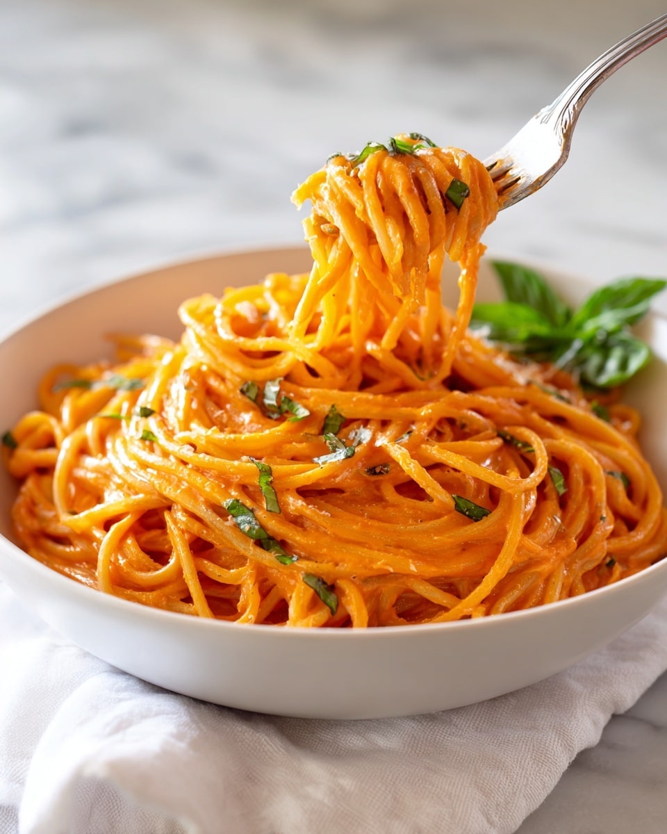 A white bowl filled with a large serving of spaghetti pasta coated in a smooth, bright orange-red tomato cream sauce, with a slightly glossy texture. The spaghetti noodles are thick and twisted, showing layers of sauce clinging to them. Small bits of green basil leaves are scattered throughout the dish, adding pops of color. A silver fork is twirling a portion of the spaghetti near the center, with strands lifted above the bowl. In the back right corner of the bowl, fresh green basil leaves rest on top. The bowl sits on a white cloth with a visible white marbled surface beneath. Photo taken with an iphone --ar 4:5 --v 7