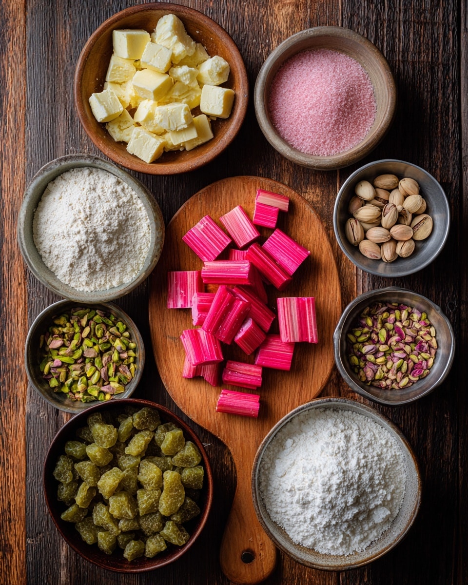 A top view of several small bowls and a wooden board with different ingredients on a dark wooden surface. The bowls hold various dry and wet ingredients including light yellow butter chunks, fine white flour, coarse pink sugar, shelled pistachios, whole pistachios, small granules in a metallic bowl, and small chopped pieces of bright pink rhubarb in varying sizes placed on a wooden board in the center. The colors range from pale yellow, white, soft pink, deep green, to bright red-pink, creating a neat and organized arrangement. photo taken with an iphone --ar 4:5 --v 7