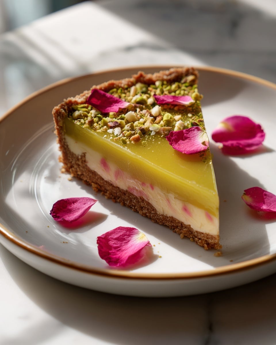 A slice of tart sits on a white plate with a subtle golden rim, placed on a white marbled surface. The tart has three visible layers from bottom to top: a thin, light brown crust with a crumbly texture; a smooth, glossy yellow-green filling; and a pinkish cream layer dotted with small white pieces. The top is sprinkled with fine crumbs and finely chopped green herbs or nuts, and decorated with several bright pink rose petals scattered across the surface. Light casts soft shadows around the tart and plate, emphasizing the textures and colors. photo taken with an iphone --ar 4:5 --v 7