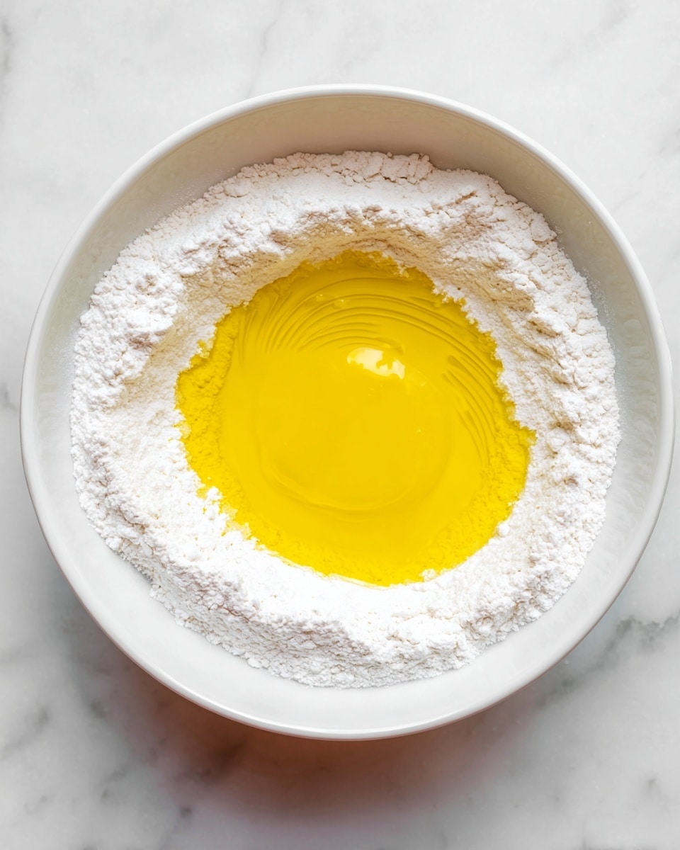A white bowl filled with a thick layer of white flour around the edges, with a bright yellow liquid, likely melted butter or oil, in the center creating a smooth, glossy surface. The bowl sits on a white marbled surface. The flour looks powdery and slightly uneven around the liquid, showing a clear contrast between the two textures. photo taken with an iphone --ar 4:5 --v 7