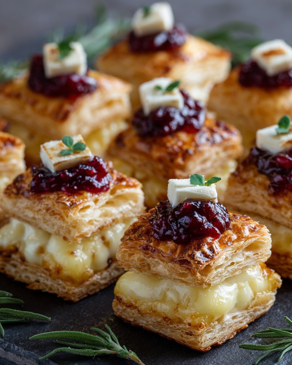 The image shows small, square pastries arranged neatly on a dark surface with some green herb sprigs scattered between them. Each pastry has three layers: the base is a golden-brown, flaky puff pastry with visible air pockets, the middle layer is melted pale yellow cheese that slightly overflows the edges, and the top layer is a small slice of white soft cheese topped with a dollop of dark red jam and a tiny green herb leaf. The pastries are placed in rows, and the white marbled texture is suggested behind the setup. photo taken with an iphone --ar 4:5 --v 7