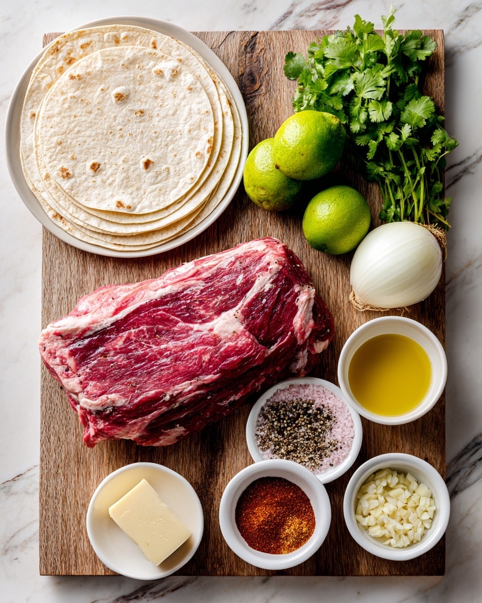 A wooden board holds a large piece of raw red meat placed on a white plate near the center. To the bottom left, there is a neat stack of round white tortillas. Above the meat, fresh green cilantro leaves sit beside two bright green limes and a whole white onion. On the right side of the board, three small white bowls contain different ingredients: one has a mix of black pepper and pink salt, another holds a yellow liquid, likely oil, and the third has three kinds of ground spices in red and brown tones. Near these bowls, there is a small block of pale yellow butter and another small white bowl with minced garlic. The background has a white marbled texture. photo taken with an iphone --ar 4:5 --v 7