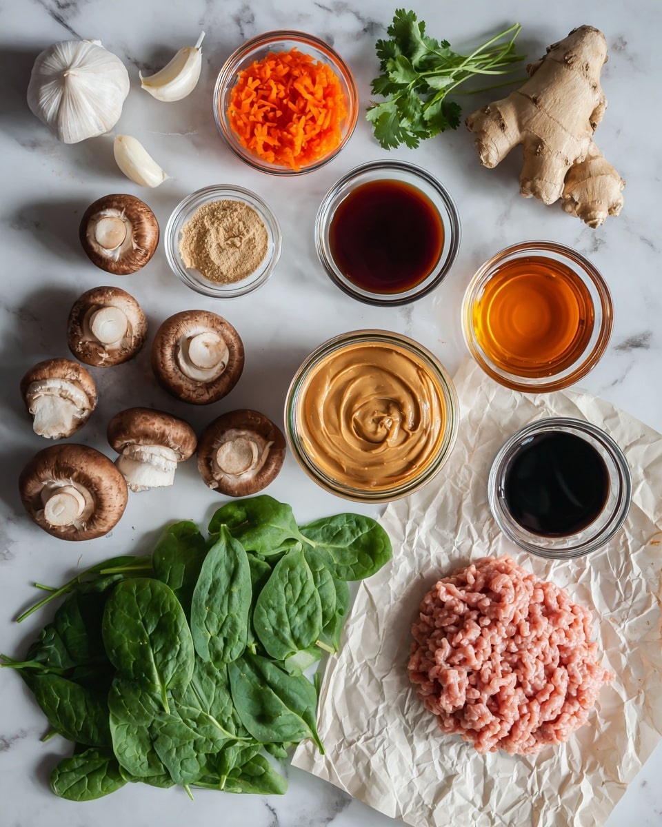 The image shows a flat lay of fresh ingredients arranged on a white marbled surface, including raw light pink ground meat placed on crinkled parchment paper in the bottom right, fresh green spinach leaves layered in the bottom left, and a jar of smooth peanut butter with a light brown swirl in the center. Above the peanut butter, there are several whole brown mushrooms with white undersides scattered around a small cluster of green cilantro and a piece of ginger root. To the upper right, there is a small shallot next to a row of small glass bowls containing bright orange chopped carrots, dark soy sauce, reddish chili sauce, light clear liquid, dark vinegar, amber liquid, light brown sugar, and a near-black thick sauce. A few peeled garlic cloves are placed near the top left corner. The overall scene has a clean and organized look. photo taken with an iphone --ar 4:5 --v 7