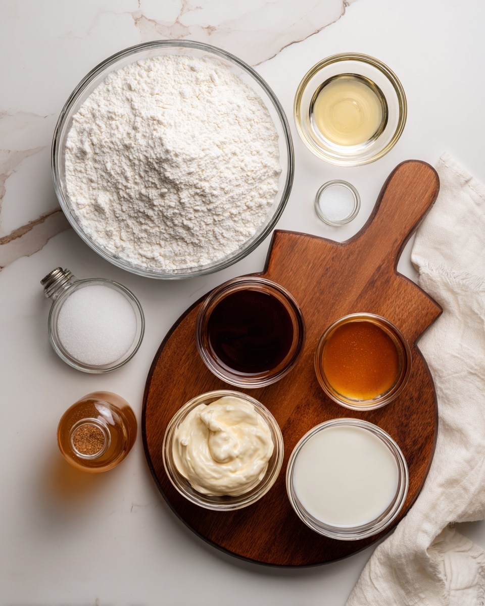 The image shows two sets of clear glass bowls with different ingredients placed on a white marbled surface. On the left side, there are five containers: a large bowl filled with white flour and a small amount of baking powder, a small glass cup with transparent oil, a medium glass bowl full of white sugar, a small glass jar with white buttermilk, and a small vanilla bottle lying flat near the bottom left corner. On the right side, four small glass bowls sit on a brown wooden board: a dark golden caramel sauce, a white cream, a white milk, and a light beige condensed milk, all arranged neatly in a cluster. A white cloth is partially visible under the wooden board on the right. photo taken with an iphone --ar 4:5 --v 7