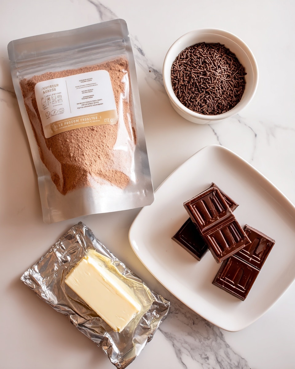 The image shows four main ingredients laid out on a white marbled surface. On the top left, there is an open bag filled with light brown chocolate fudge cake mix powder, labeled 15.25 oz. On the top right, a small white bowl holds dark brown chocolate sprinkles with the label 2 tbsp. At the bottom left, an unwrapped silver foil package reveals a block of creamy white cream cheese, labeled 8 oz. On the bottom right, a white rectangular plate holds four rectangular pieces of dark brown chocolate almond bark, labeled 8 oz. All items are clearly separated and the surface is clean and bright, emphasizing the ingredients. Photo taken with an iphone --ar 4:5 --v 7