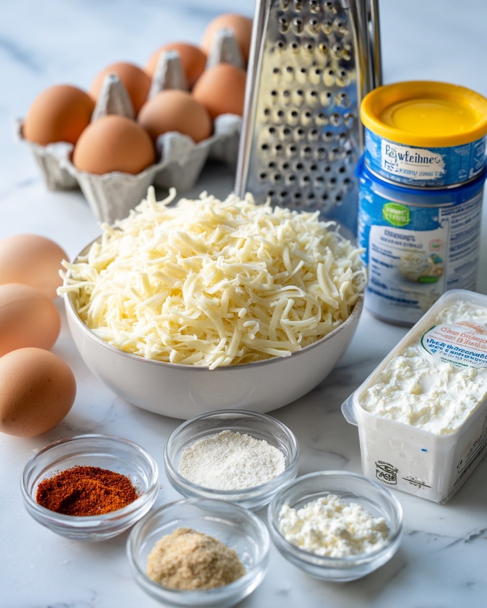 The image shows a pile of shredded cheese in the center on a white marbled surface, with a metal cheese grater standing behind it. To the right of the cheese, there is a blue and white container of cottage cheese with a yellow lid, and next to it a small white carton. Below these, there are three small glass bowls in a row, containing white powder, red spice, and light brown powder, respectively. On the left side of the cheese, there is a tin can with a green label and behind it, a carton holding several brown eggs. The overall setting is bright and clear with a focus on the ingredients arranged neatly. Photo taken with an iphone --ar 4:5 --v 7