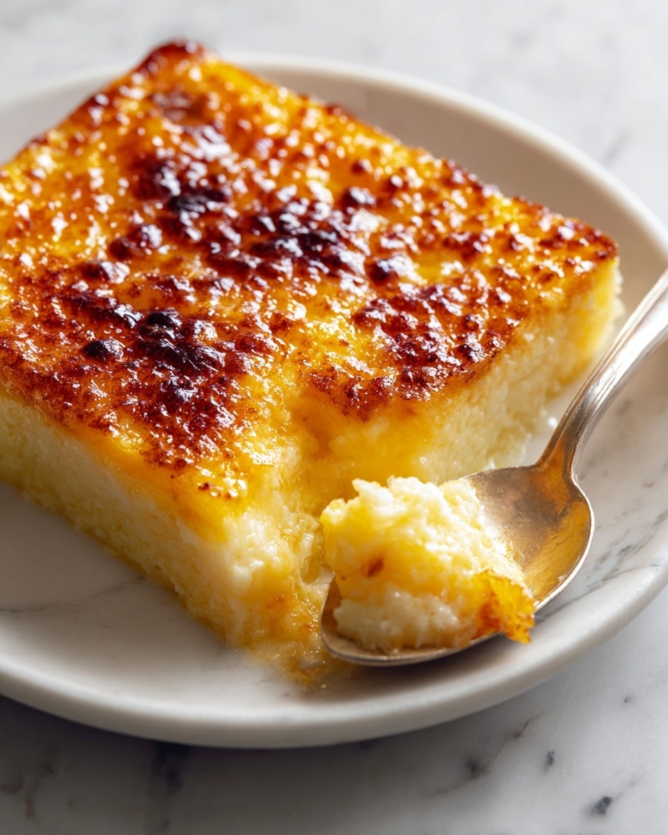 A close-up view of a single rectangular piece of baked dish on a white plate with a white marbled surface underneath. The dish has two layers: the top layer is golden brown and crispy with a bubbly texture, while the bottom layer is light yellow and soft. A spoon holds a small scooped portion of the dish near the top right corner, showing the soft inside. Photo taken with an iphone --ar 4:5 --v 7
