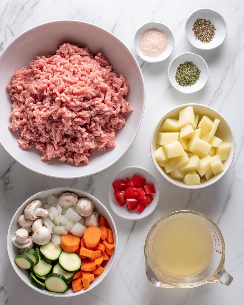 A large white bowl filled with a mound of pink raw ground meat sits on a white marbled surface. To the top right, there is a smaller white bowl with three types of spices: light pink salt, green herb flakes, and black pepper. Below it, a white bowl holds light yellow cubed potatoes. Further down, another white bowl contains mixed cut vegetables, including light green zucchini slices, whole white mushrooms, small orange carrot cubes, red bell pepper pieces, white onion cubes, and small red cherry tomatoes. At the bottom right, there is a clear glass measuring cup with pale yellow broth. Photo taken with an iphone --ar 4:5 --v 7