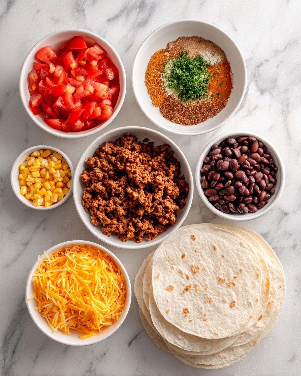 The image shows seven white bowls and plates placed on a white marbled surface, each holding a different ingredient. Starting from the top left and moving clockwise, the first small white bowl contains diced red tomatoes with some juice. Next, a medium white bowl in the top center holds a mixture of brown spice powder with small green herb pieces scattered on top. On the top right, there is a white frying pan filled with cooked, crumbled brown ground meat. Below this, on the bottom right, there is a stack of white corn tortillas with slight patterns on the surface. In the bottom center, a medium white bowl is filled with shredded orange-yellow cheese. To the left of this, a small white bowl contains bright yellow corn kernels. Above that, another small white bowl holds dark brown cooked beans. All the bowls and pan are neatly arranged on the white marbled surface. Photo taken with an iphone --ar 4:5 --v 7