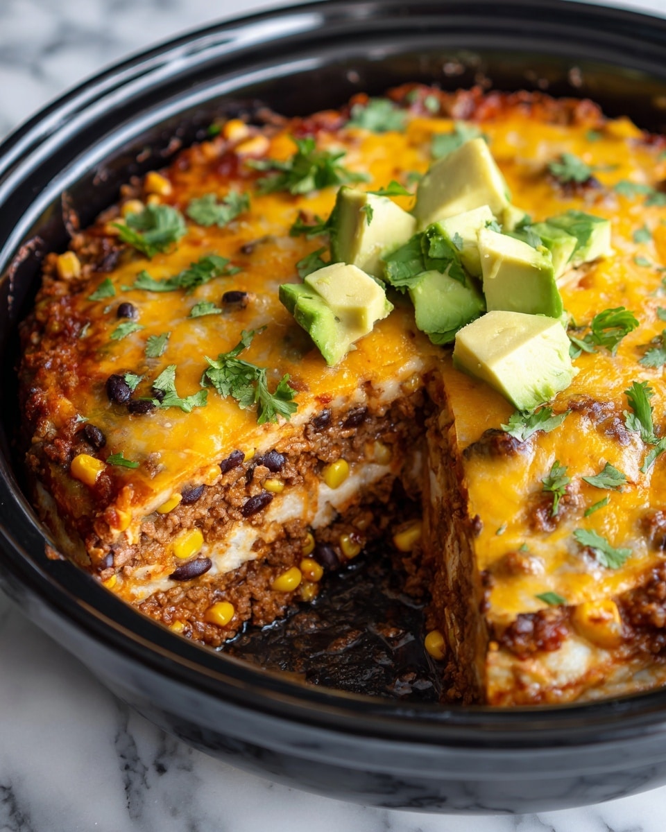 The image shows a thick, round baked dish with multiple visible layers in a black cooking pot. The bottom layer is ground meat mixed with black beans and small pieces of yellow corn. Above this is a pale layer, possibly tortillas or a creamy sauce, then another layer of the meat mixture. The top layer is covered with melted bright orange cheddar cheese, scattered with pieces of corn and green cilantro leaves. On the top center, there are chunks of fresh, light green avocado. Part of the dish is missing, revealing the inner layers and the black, slightly shiny pot surface underneath. The background is a white marbled texture. Photo taken with an iphone --ar 4:5 --v 7