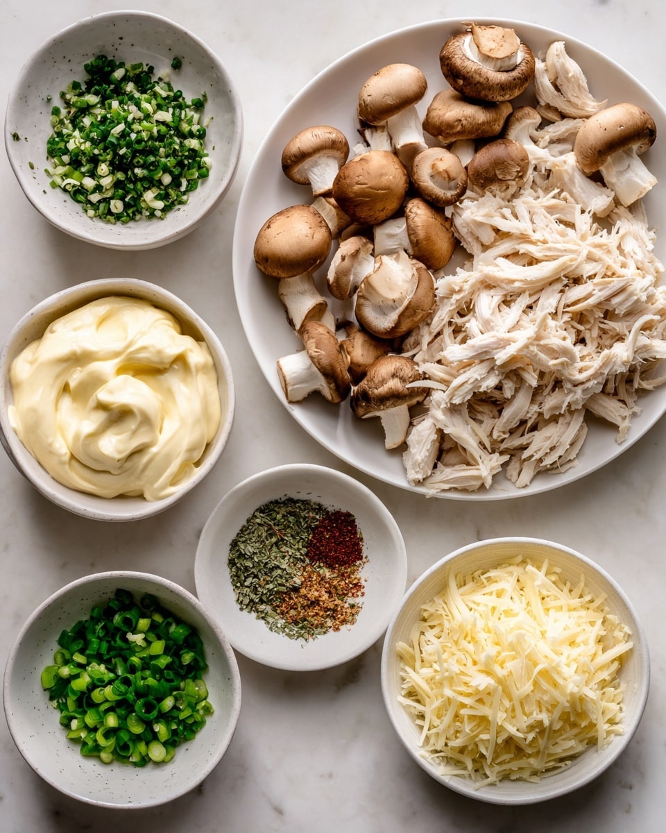 The image shows a white plate filled with clean, brown mushrooms with their stems removed, arranged in neat rows, next to a white plate piled high with shredded white chicken. Alongside these, there are four smaller white bowls, each containing different ingredients: one bowl has creamy, pale yellow mayonnaise with a thick texture; another holds finely chopped green onions in varying shades of green; a third bowl has a mix of dried green herbs and a small amount of reddish-brown spice placed side by side; and the last bowl contains finely grated pale yellow cheese. All items are set against a white marbled textured background. Photo taken with an iphone --ar 4:5 --v 7